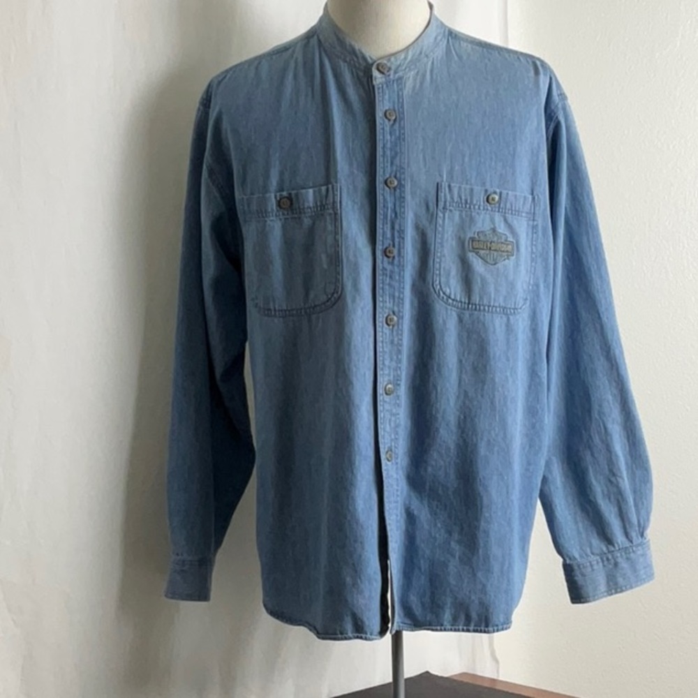 Vintage Harley Davidson Men’s Mandarin Collar Long Sleeve Shirt in Denim Blue